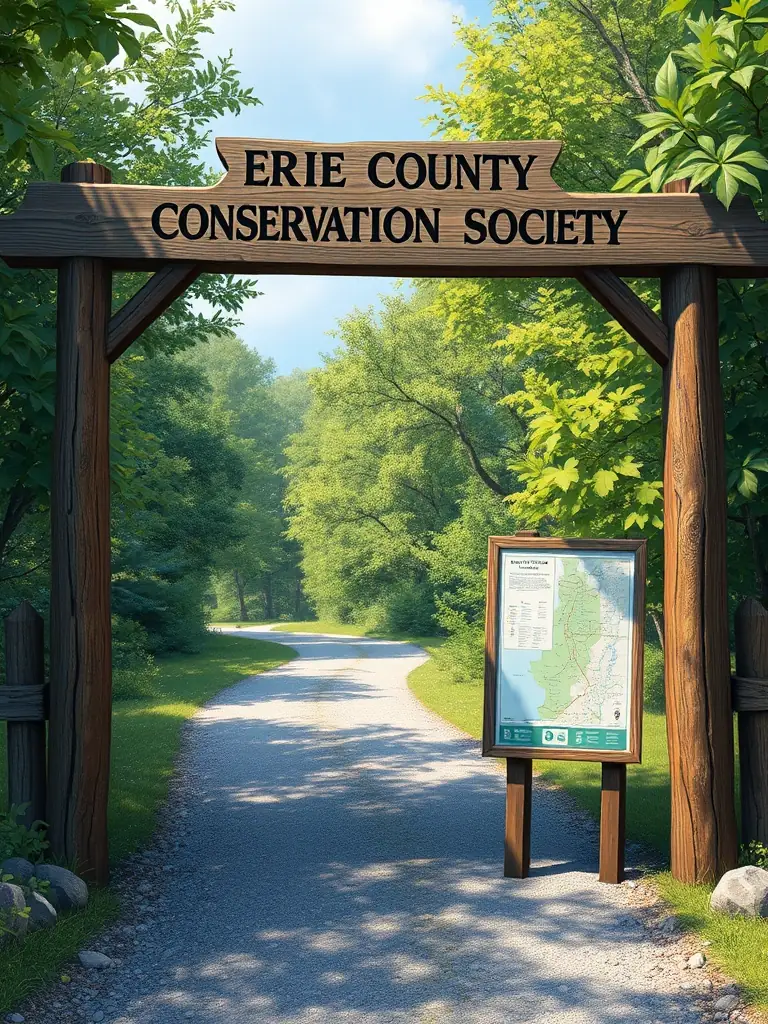 A photograph of the entrance to the Erie County Conservation Society's trail system, featuring a wooden archway with the society's name and a map of the trails, inviting visitors to explore.
