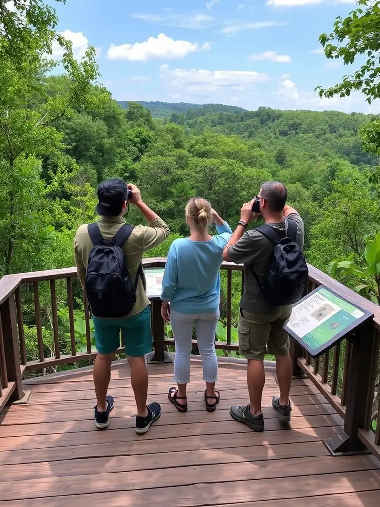 A group of people observing wildlife from a designated viewing platform along the Wildlife Observation Trail, with binoculars in hand and informational signs visible, promoting responsible wildlife viewing.