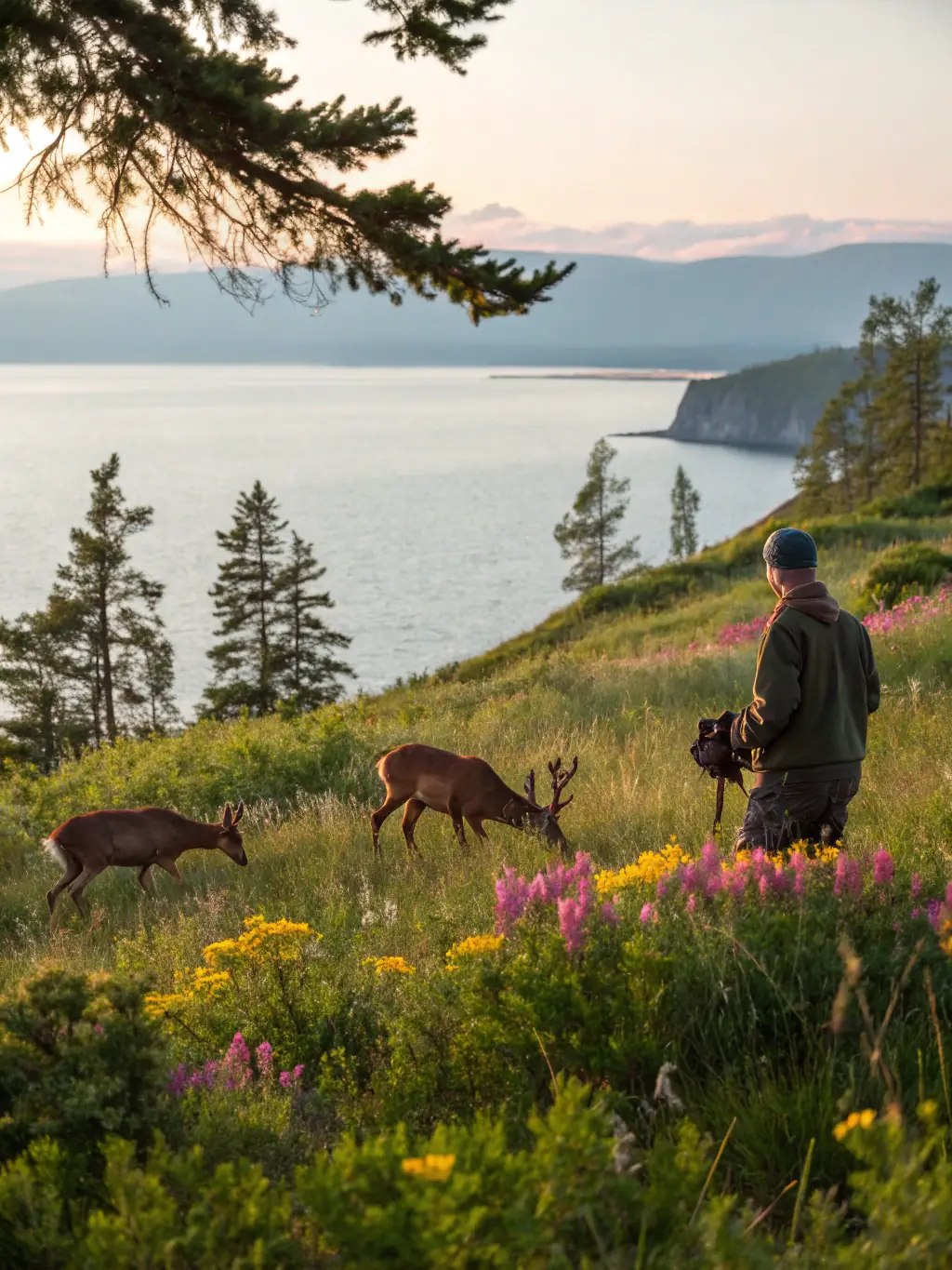 A family observing a deer grazing in a meadow along a trail, emphasizing the opportunity for wildlife observation in Erie County.