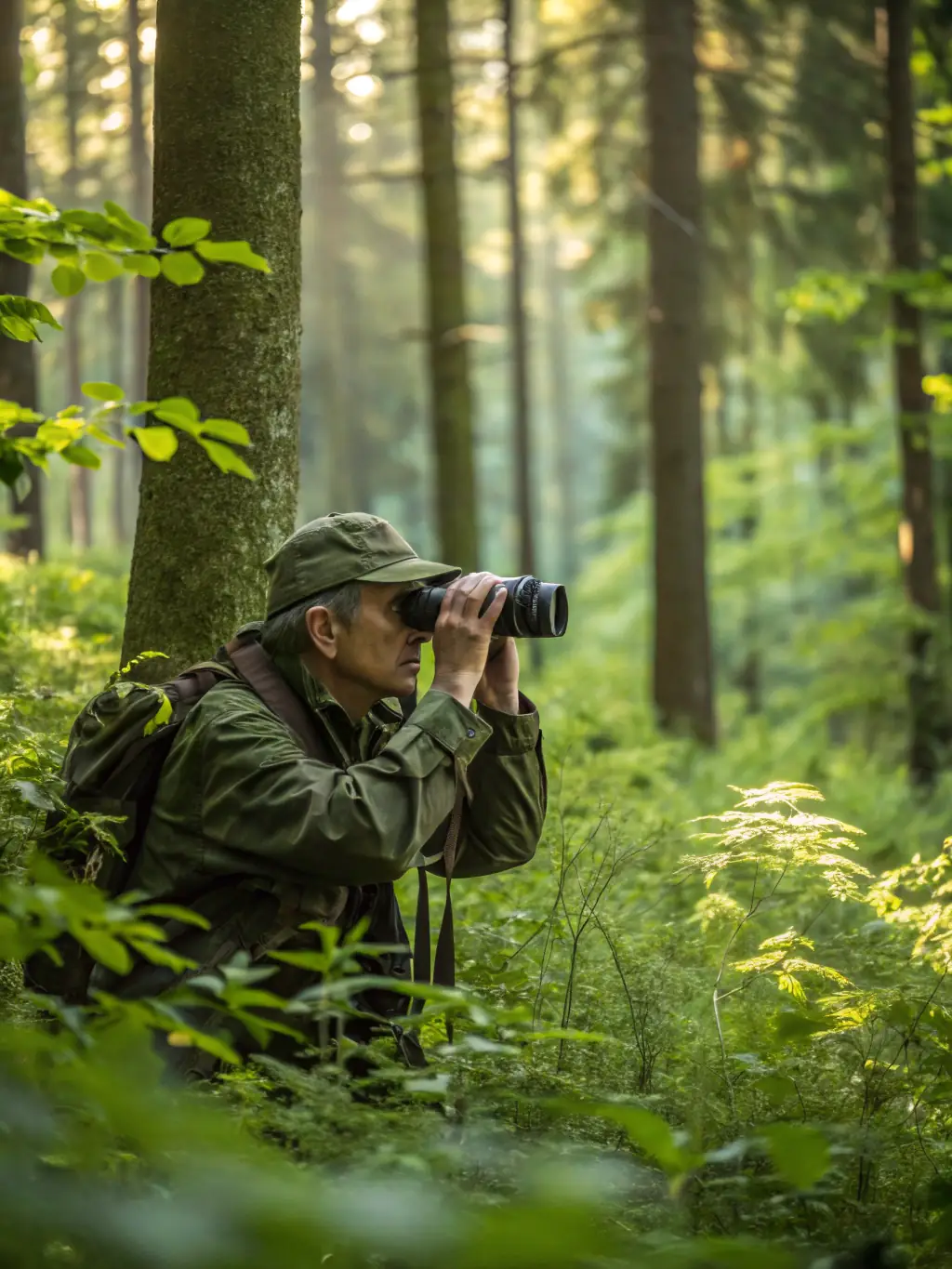 A serene photograph of a person quietly observing wildlife through binoculars in a peaceful section of the trail, emphasizing the importance of respecting nature.