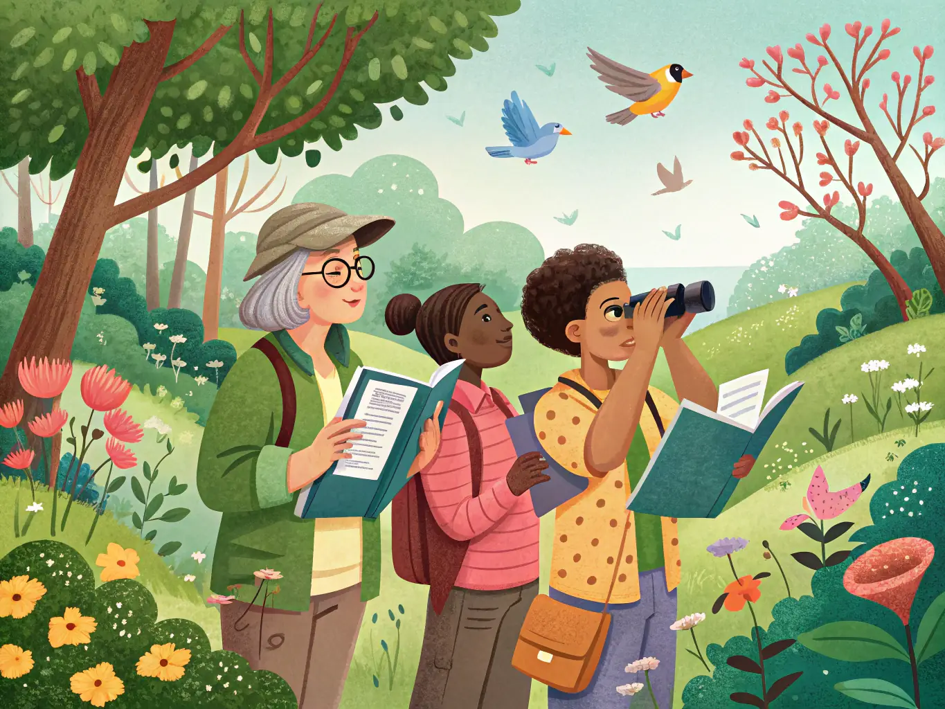 A photograph of participants learning about bird identification during a birdwatching workshop at a local trail.