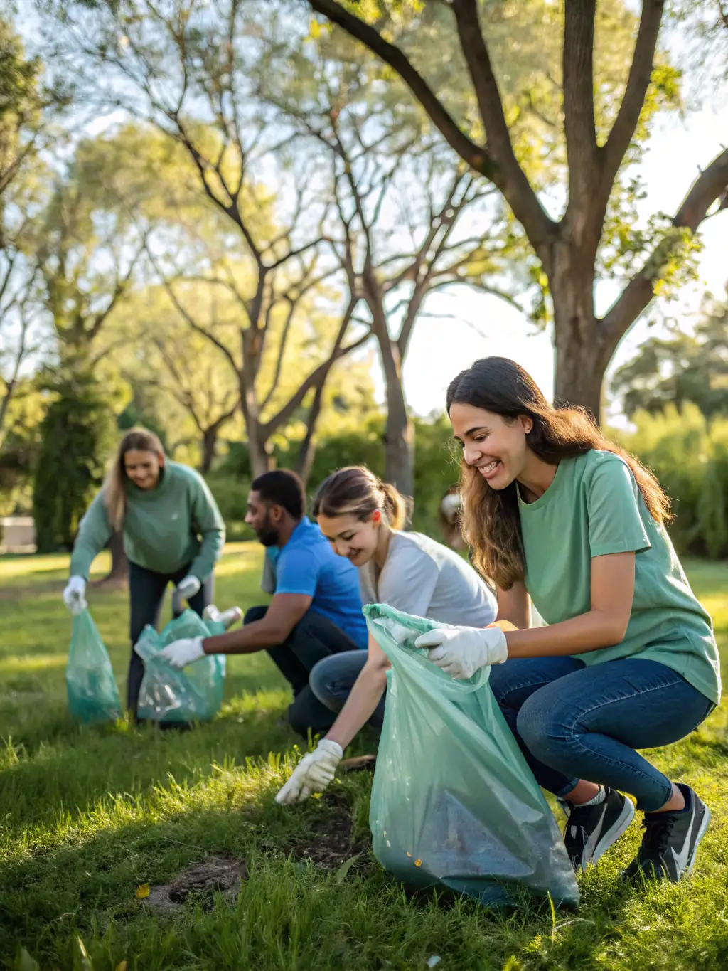 A group of volunteers cleaning up a trail in a forest, picking up litter and debris, with sunlight filtering through the trees, showcasing community involvement in environmental conservation.