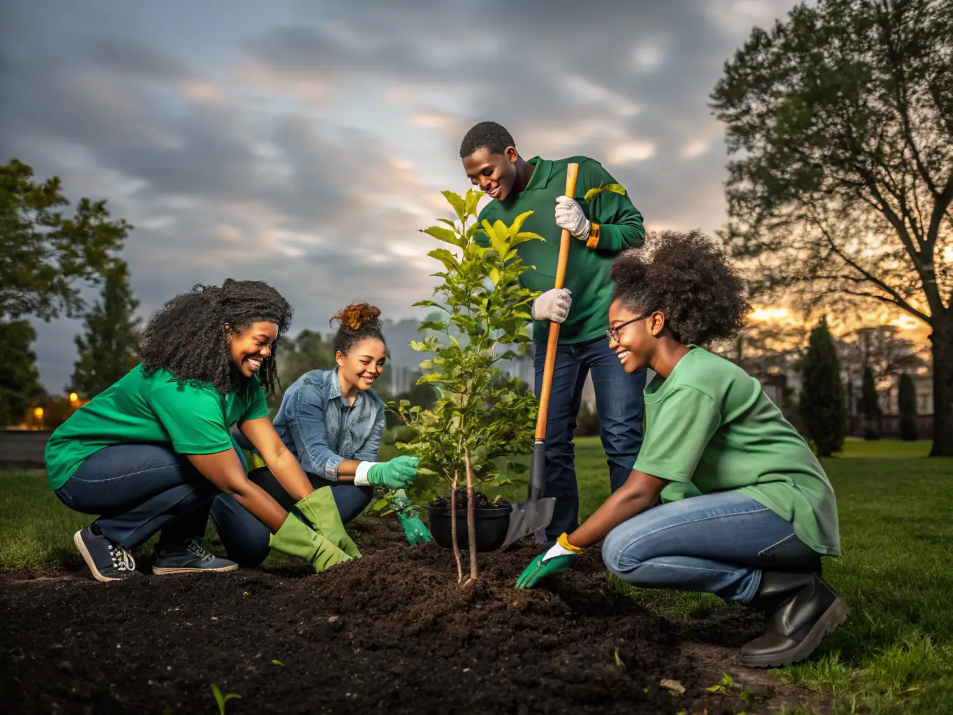 A group of volunteers planting trees in a park, symbolizing a community conservation event organized by the Erie County Conservation Society.