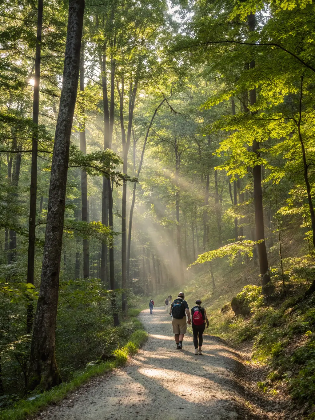A scenic view of the Cascade Trail, showcasing a well-maintained path winding through a lush forest with sunlight filtering through the trees, highlighting the trail's natural beauty and accessibility for hikers.
