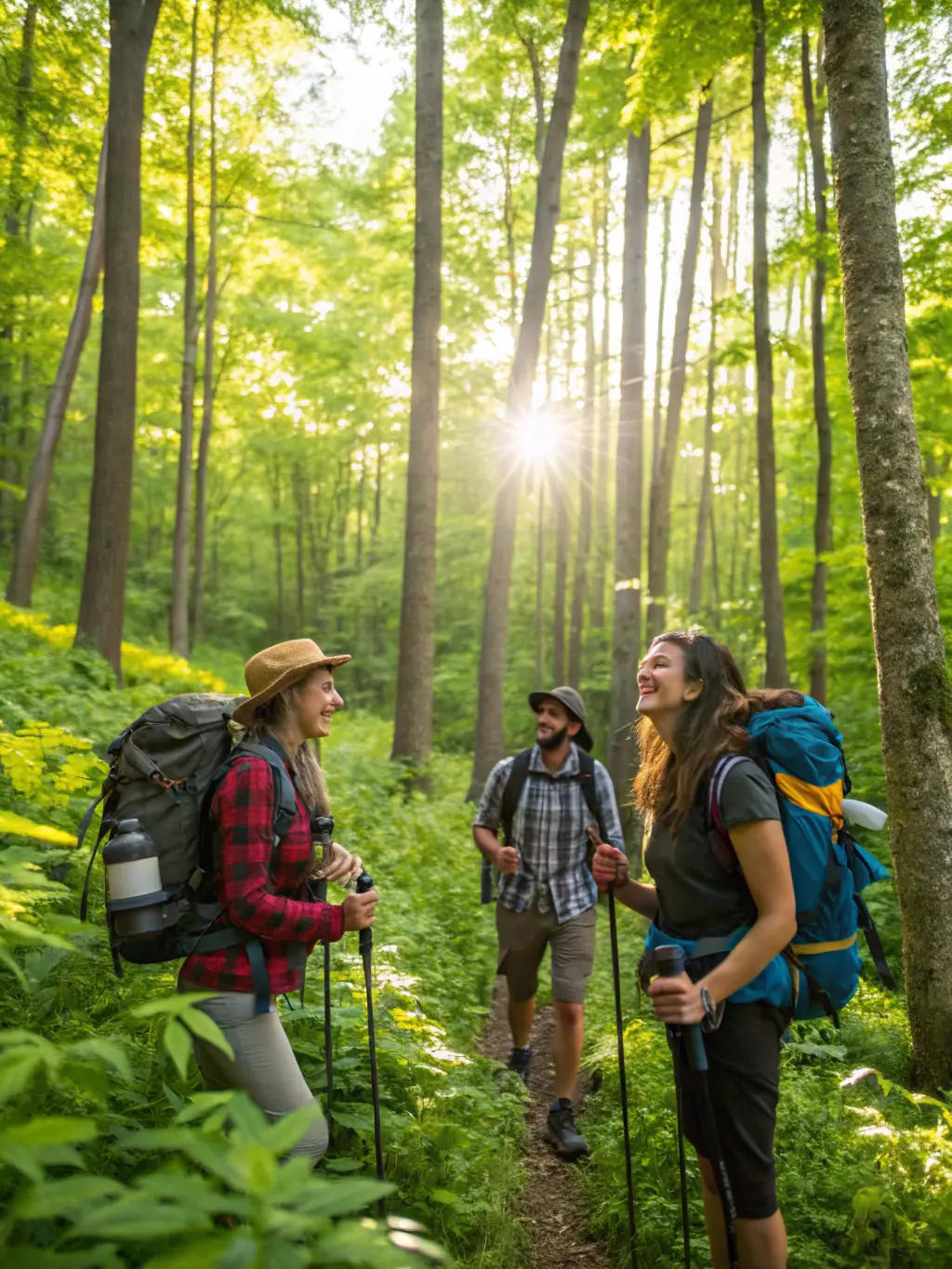 A vibrant photograph capturing a group of hikers enjoying a sunny day on one of Erie County's well-maintained trails, surrounded by lush greenery and trees.
