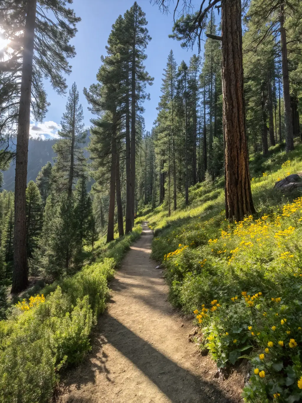 A wide-angle shot of a well-maintained hiking trail winding through a dense forest in Erie County, showcasing the vibrant green foliage and natural beauty.