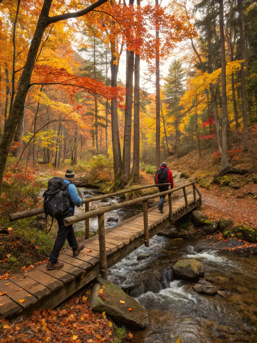 A close-up shot of a wooden bridge crossing a small stream on a trail, highlighting the well-maintained infrastructure and accessibility of Erie County's trails.