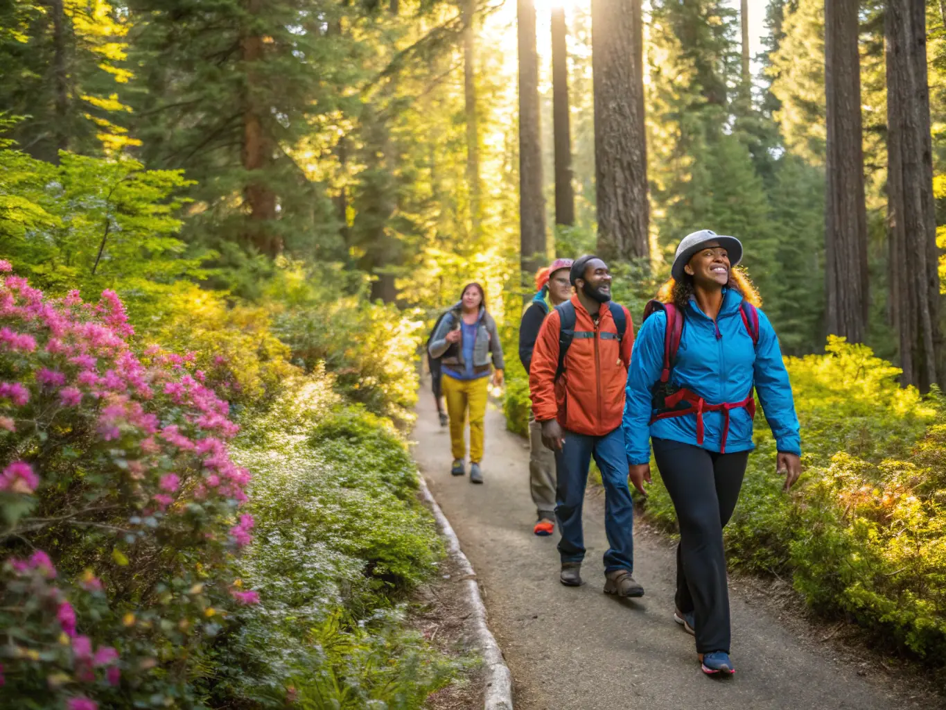 A scenic view of a group of hikers on a guided trail tour, showcasing the beauty of Erie County's natural landscapes.