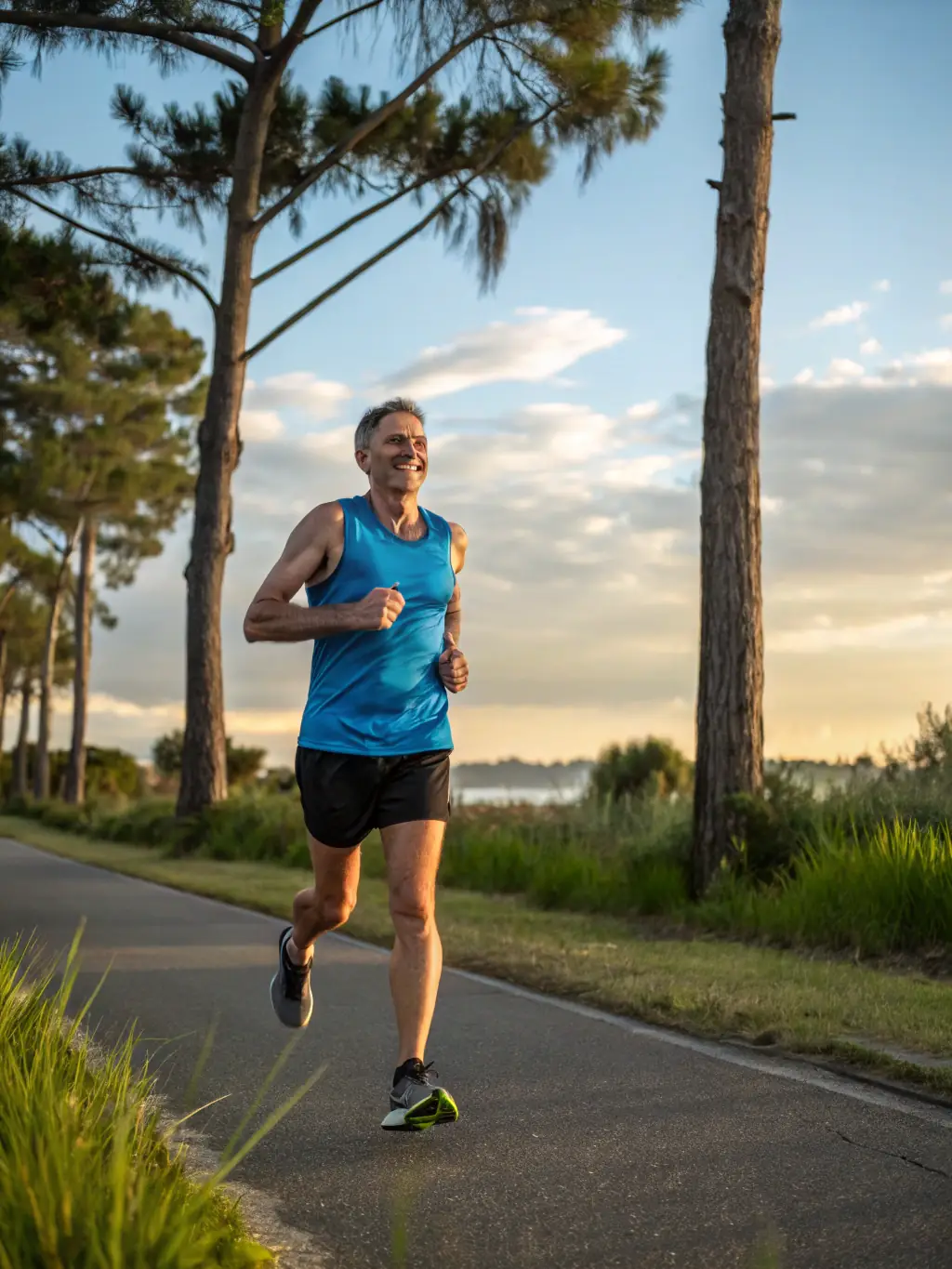 A runner jogging along a dirt trail with a view of a clear blue lake in the background, capturing the essence of a refreshing outdoor workout.