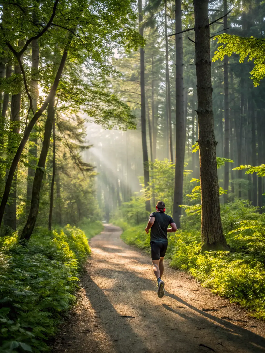A runner on the Creekside Path, captured in motion with blurred background showing the natural creek environment, emphasizing the trail's suitability for running and fitness activities.