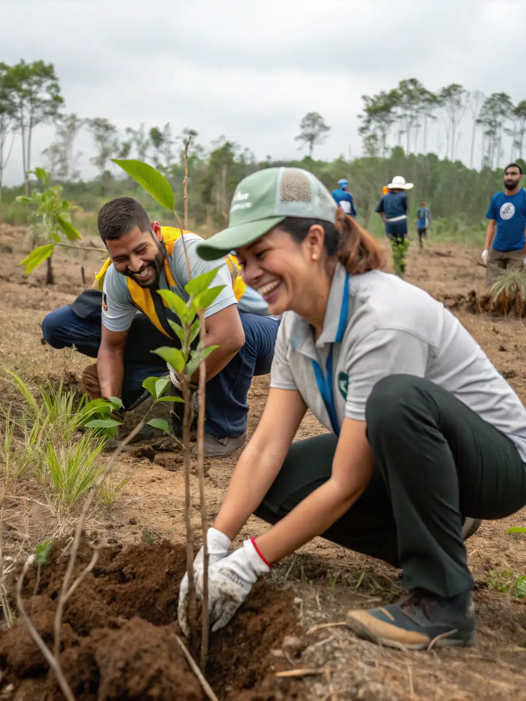 Volunteers planting trees along a riverbank, with shovels and saplings, illustrating reforestation efforts and habitat restoration in Erie County.