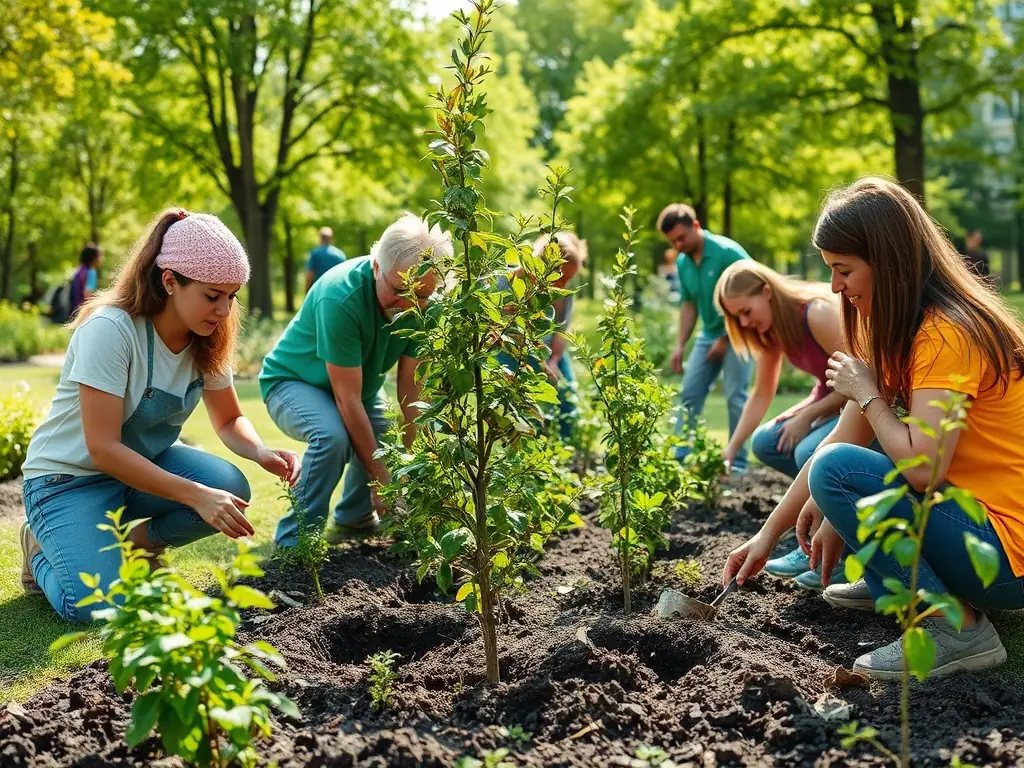 A vibrant photograph capturing volunteers planting trees in a local park, showcasing the Erie County Conservation Society Inc's commitment to environmental stewardship and community involvement.