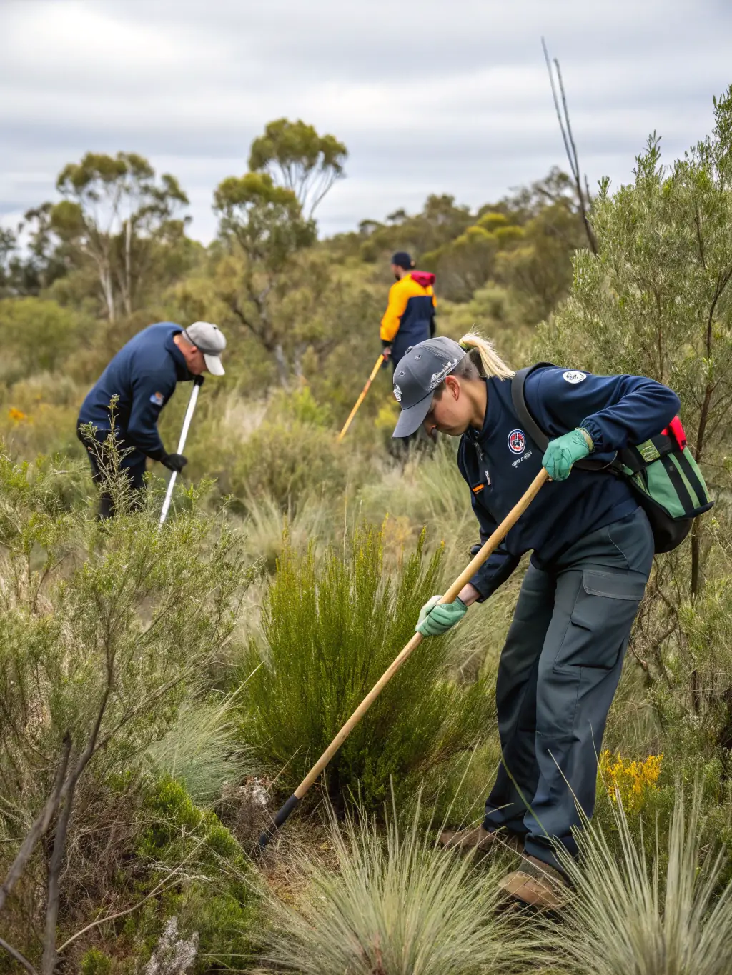 A group of people clearing invasive species from a meadow, using gardening tools, demonstrating efforts to protect native plant life and biodiversity.